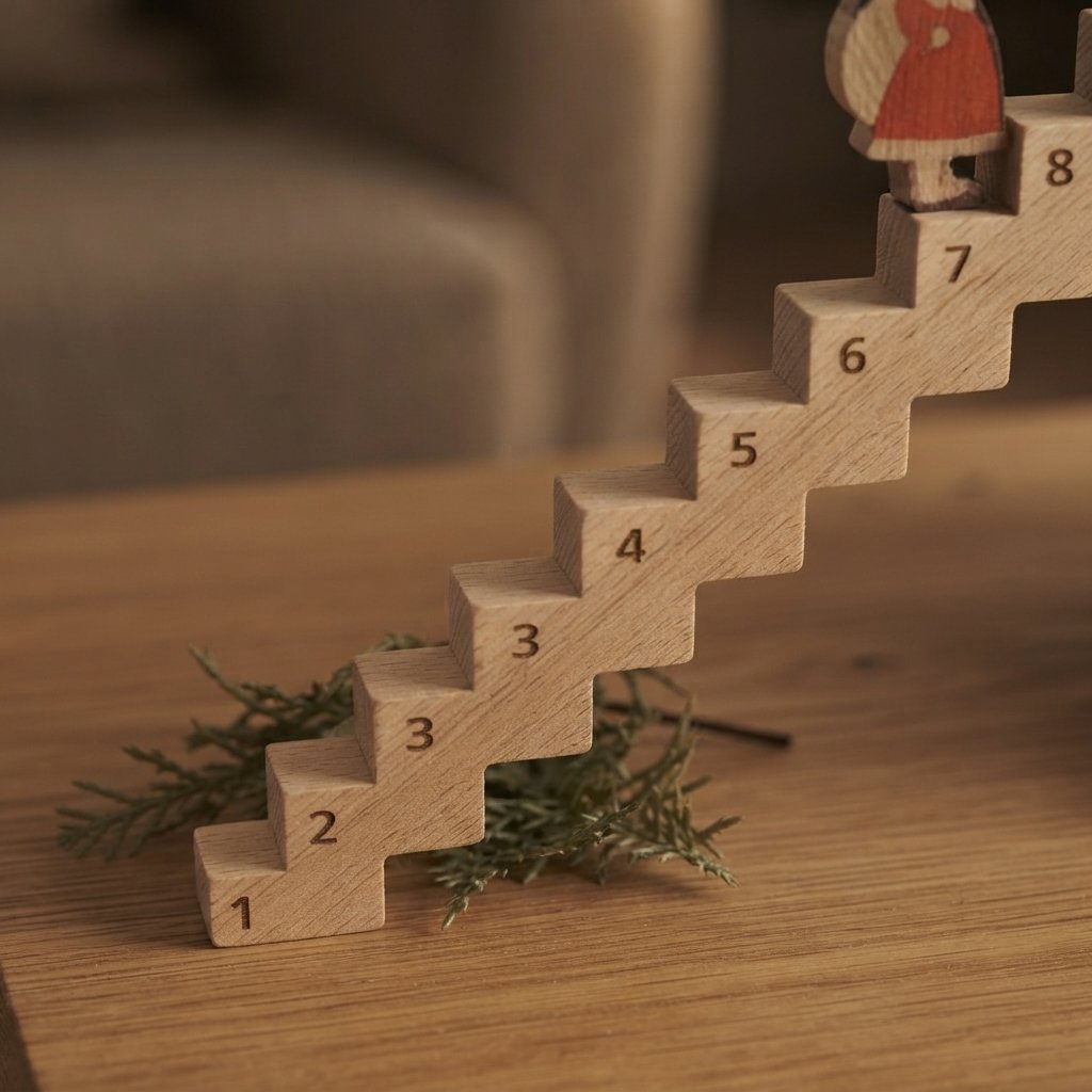 Wooden Advent Calendar Staircase with Santa Figure, Natural Brown