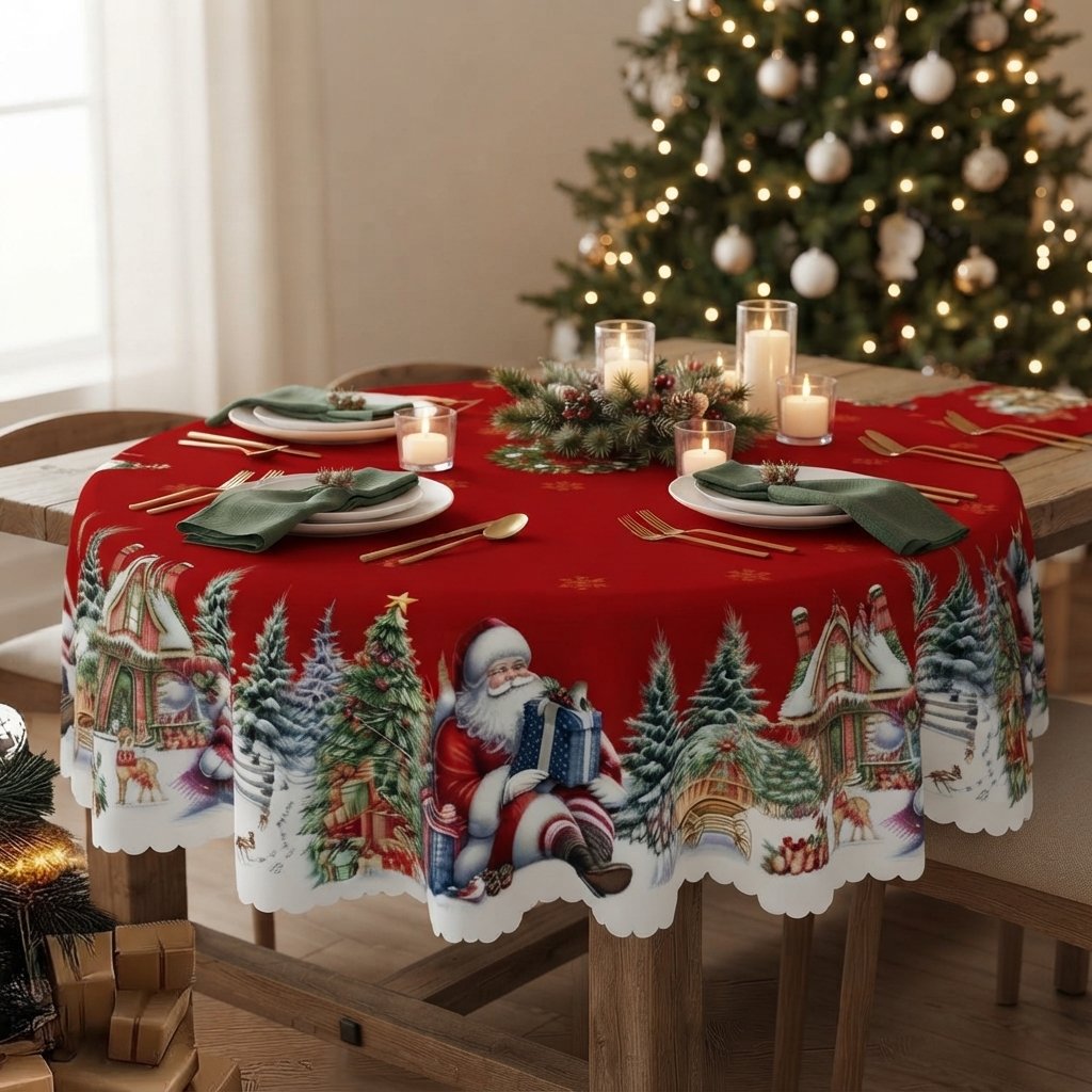 Christmas Tablecloth with Santa and Snowflake Border, Red