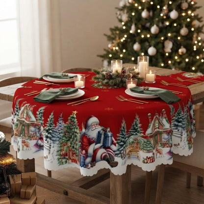 Christmas Tablecloth with Santa and Snowflake Border, Red