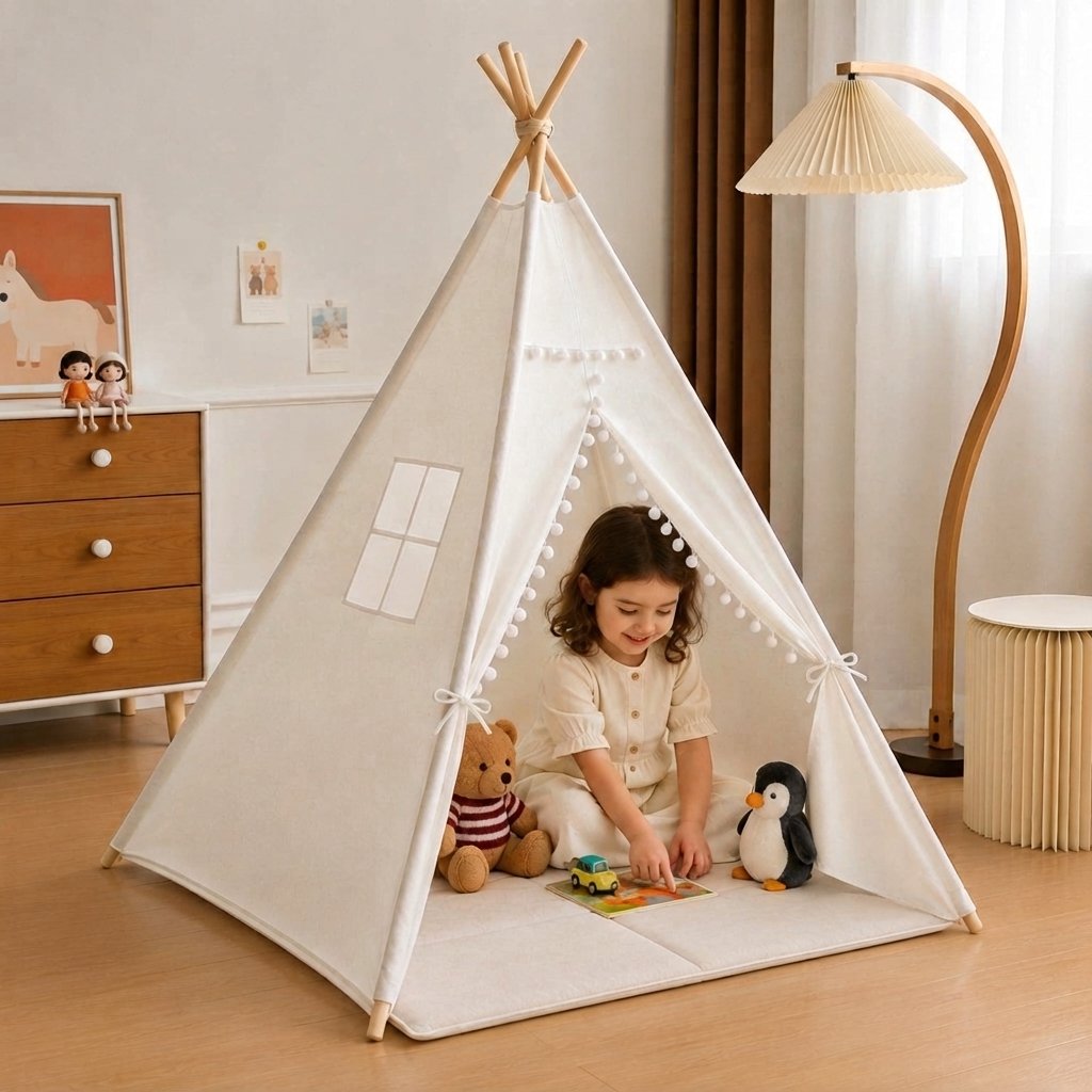 Cotton Canvas Teepee Play Tent with Pom-Pom Trim, Cream