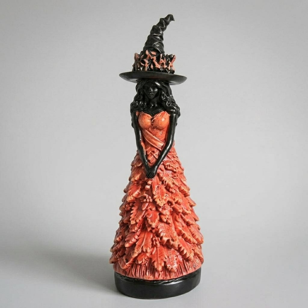 Resin Witch Figurine with Leaf Gown and Pointed Hat, 6.7 in
