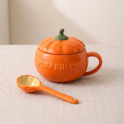 Ceramic Pumpkin Mug with Lid and Spoon, Burnt Orange
