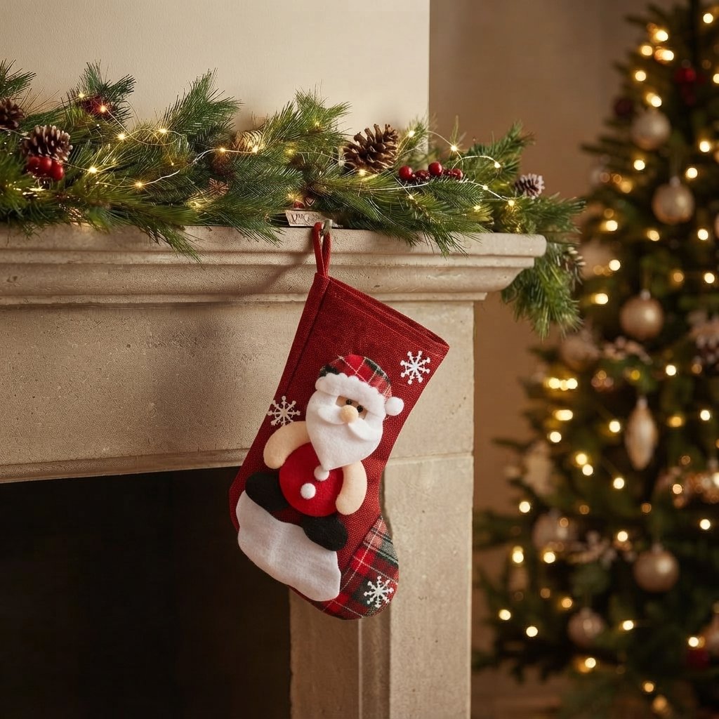 Christmas Stockings with Santa, Snowman, Reindeer and Polar Bear, Red Tartan