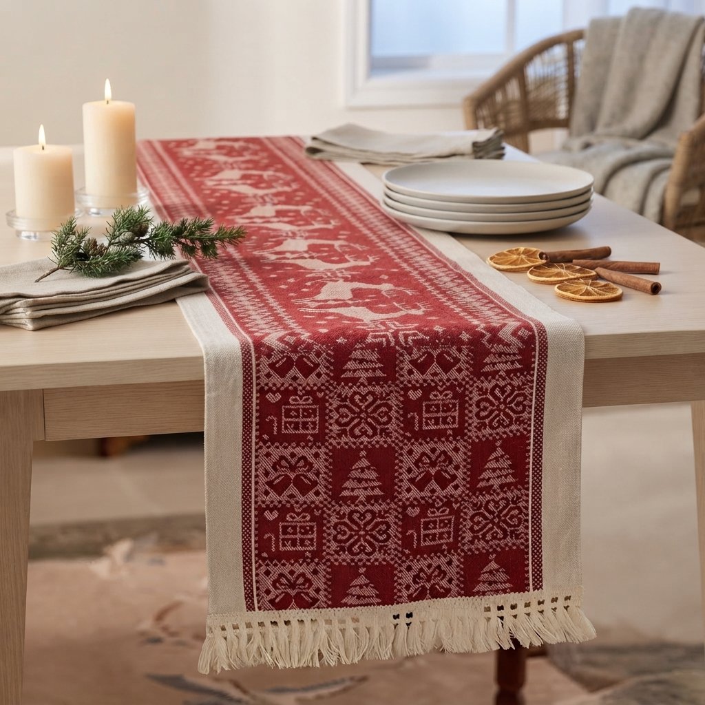 Christmas Table Runner with Tassel Fringe, Crimson and Cream