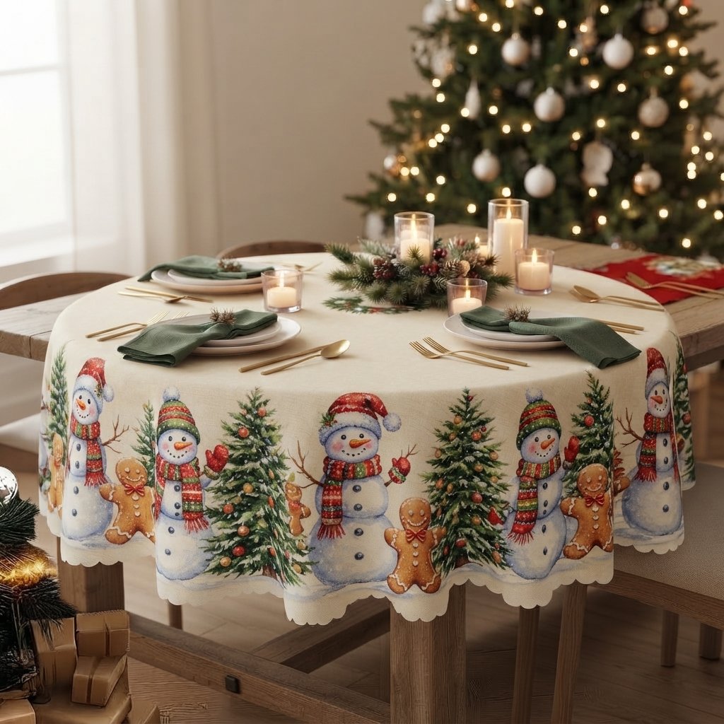 Christmas Tablecloth with Santa and Snowflake Border, Red