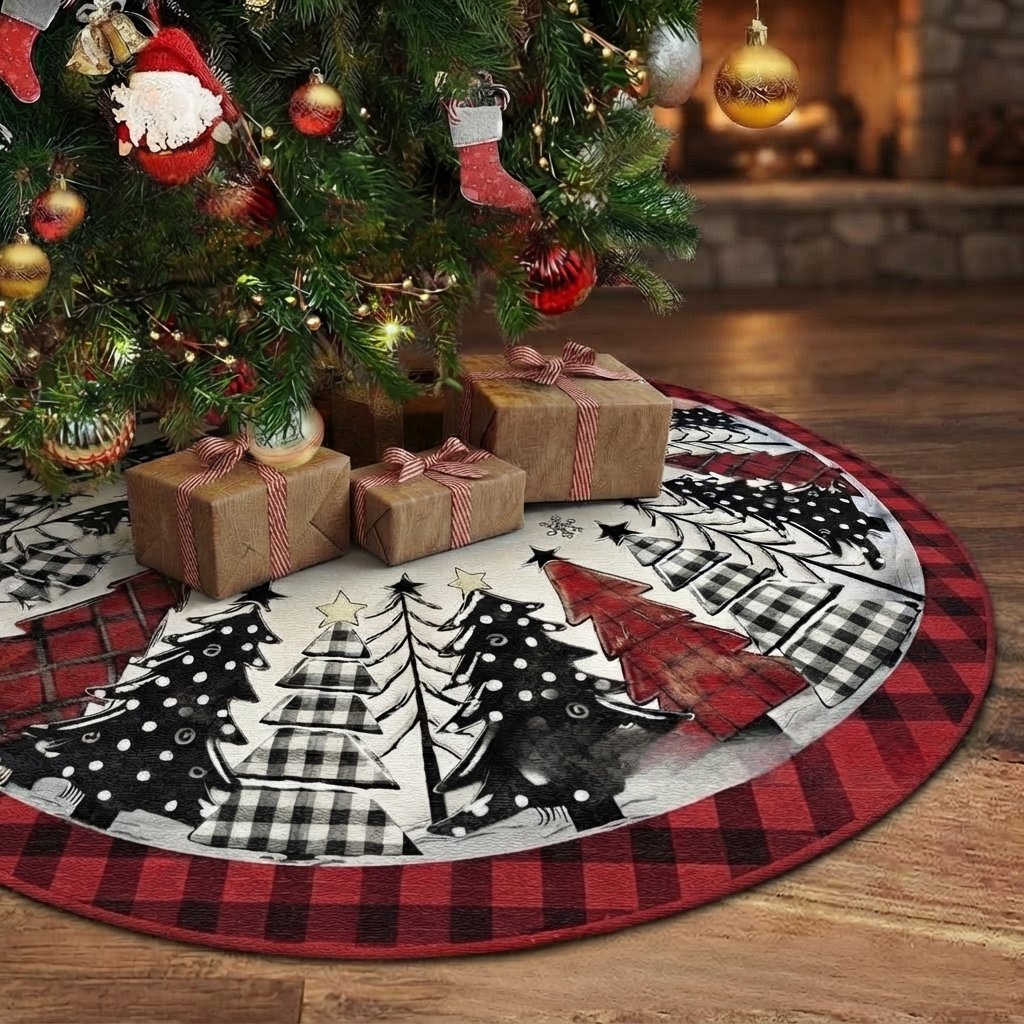 Quilted Round Christmas Tree Skirt with Buffalo Check Border