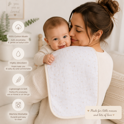 Muslin Cotton Burp Cloth Set of 5, Printed and Plain