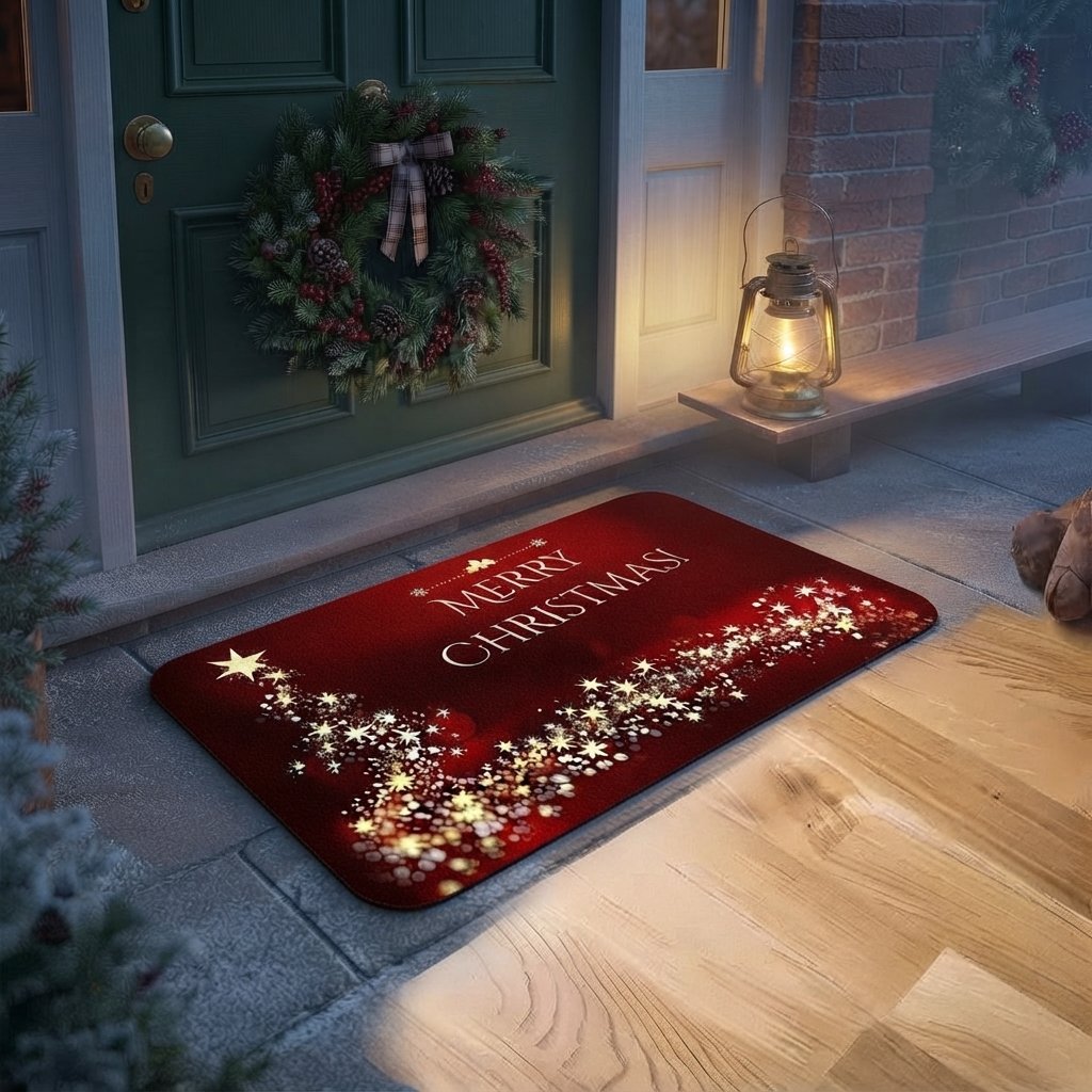 Non-Slip Christmas Door Mat with Golden Star Tree, Crimson