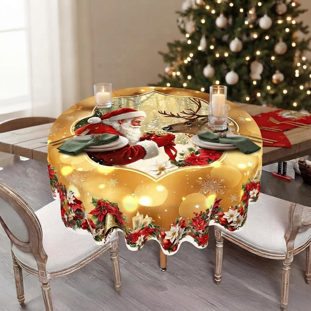 Christmas Tablecloth with Santa and Snowflake Border, Red