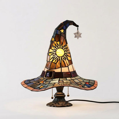 Witch Hat Stained Glass Style Accent Lamp with Star and Sun Panels