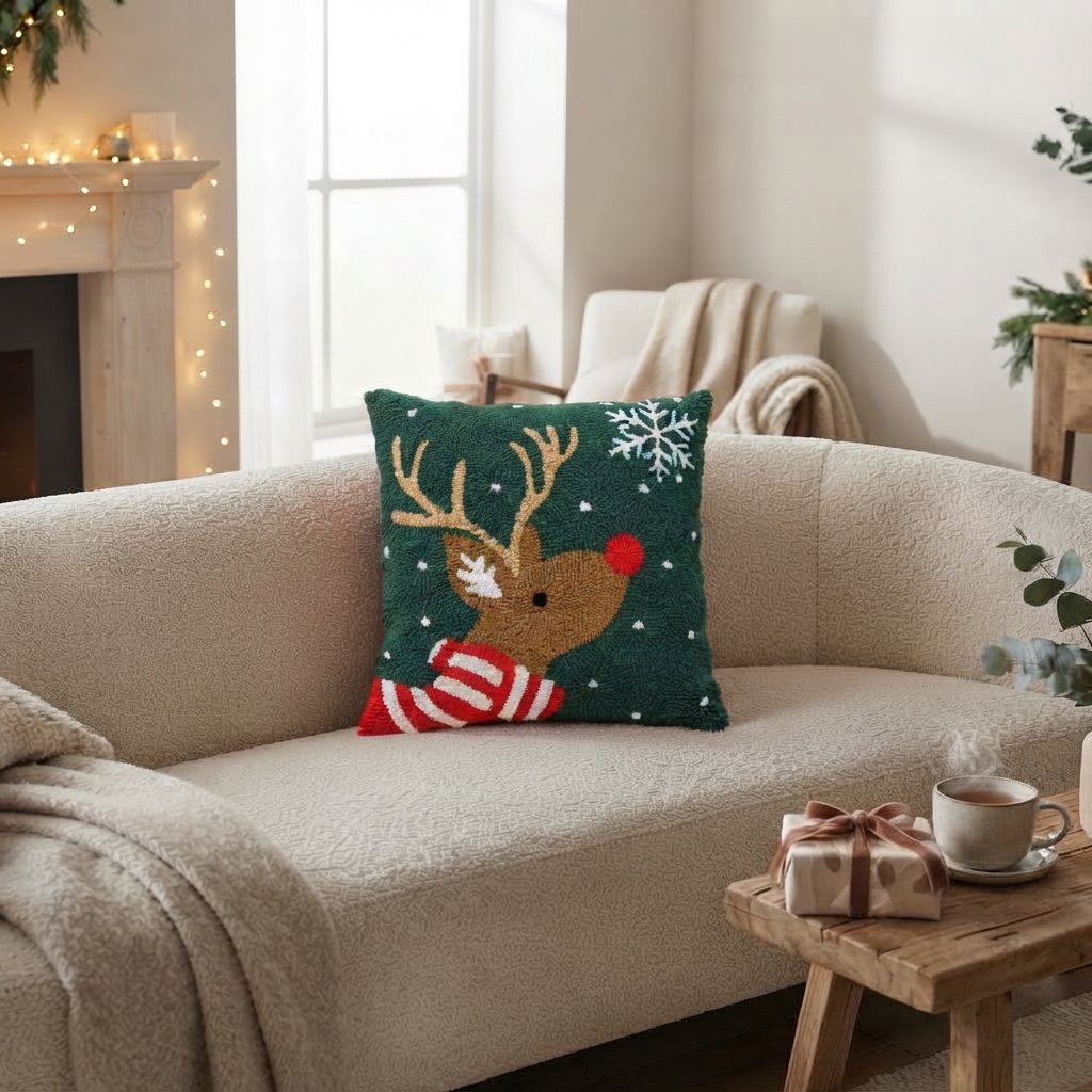 Tufted Christmas Cushion Cover, Cotton, 14 x 14 in