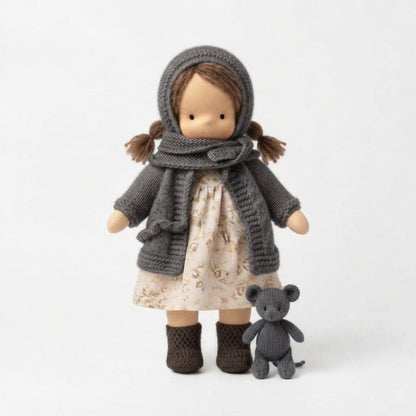 Cloth Doll Gift Set with Knitted Outfit and Stuffed Animal