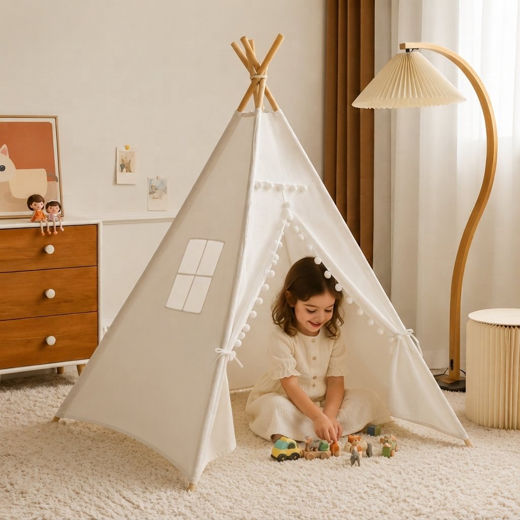 Cotton Canvas Teepee Play Tent with Pom-Pom Trim, Cream