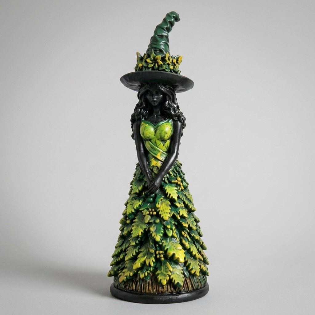 Resin Witch Figurine with Leaf Gown and Pointed Hat, 6.7 in