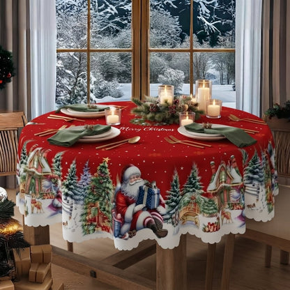 Christmas Tablecloth with Santa and Snowflake Border, Red