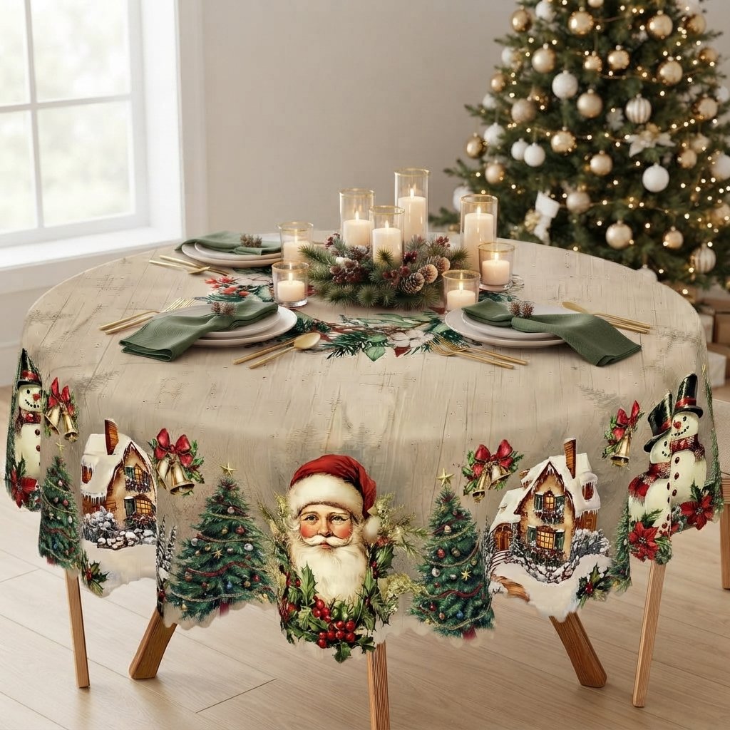 Christmas Tablecloth with Santa and Snowflake Border, Red