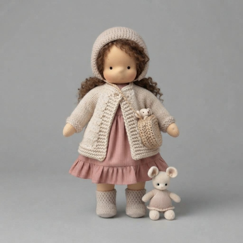Cloth Doll Gift Set with Knitted Outfit and Stuffed Animal