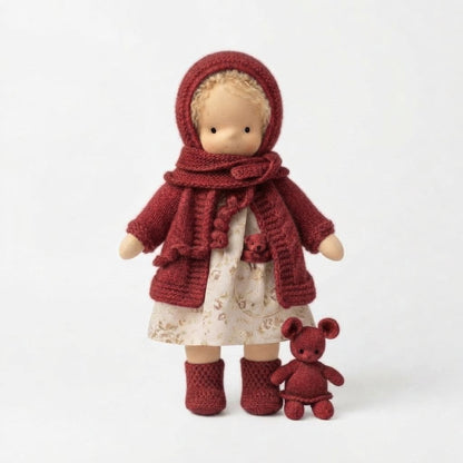 Cloth Doll Gift Set with Knitted Outfit and Stuffed Animal