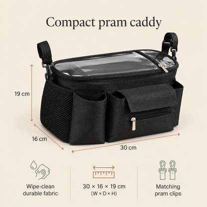 Compact Pram Caddy with Pram Clips and Phone Window – Black, 30 cm