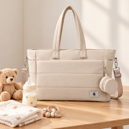 Quilted Cotton Nappy Tote with Pouch, Cream Beige