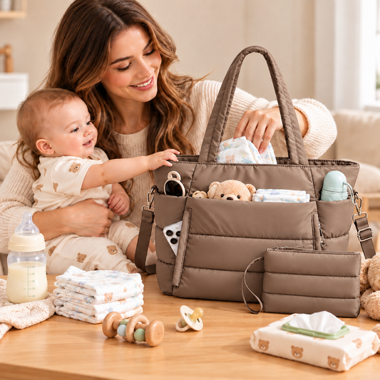 Quilted Cotton Nappy Tote with Pouch, Brown