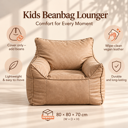 Kids Bean Bag Lounger Cover in Faux Leather, Camel