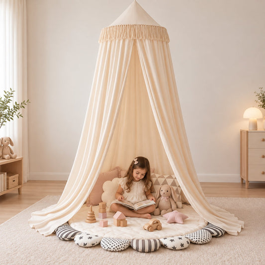 Sheer Kids Bed Canopy with Tie-Back Front, Warm Cream