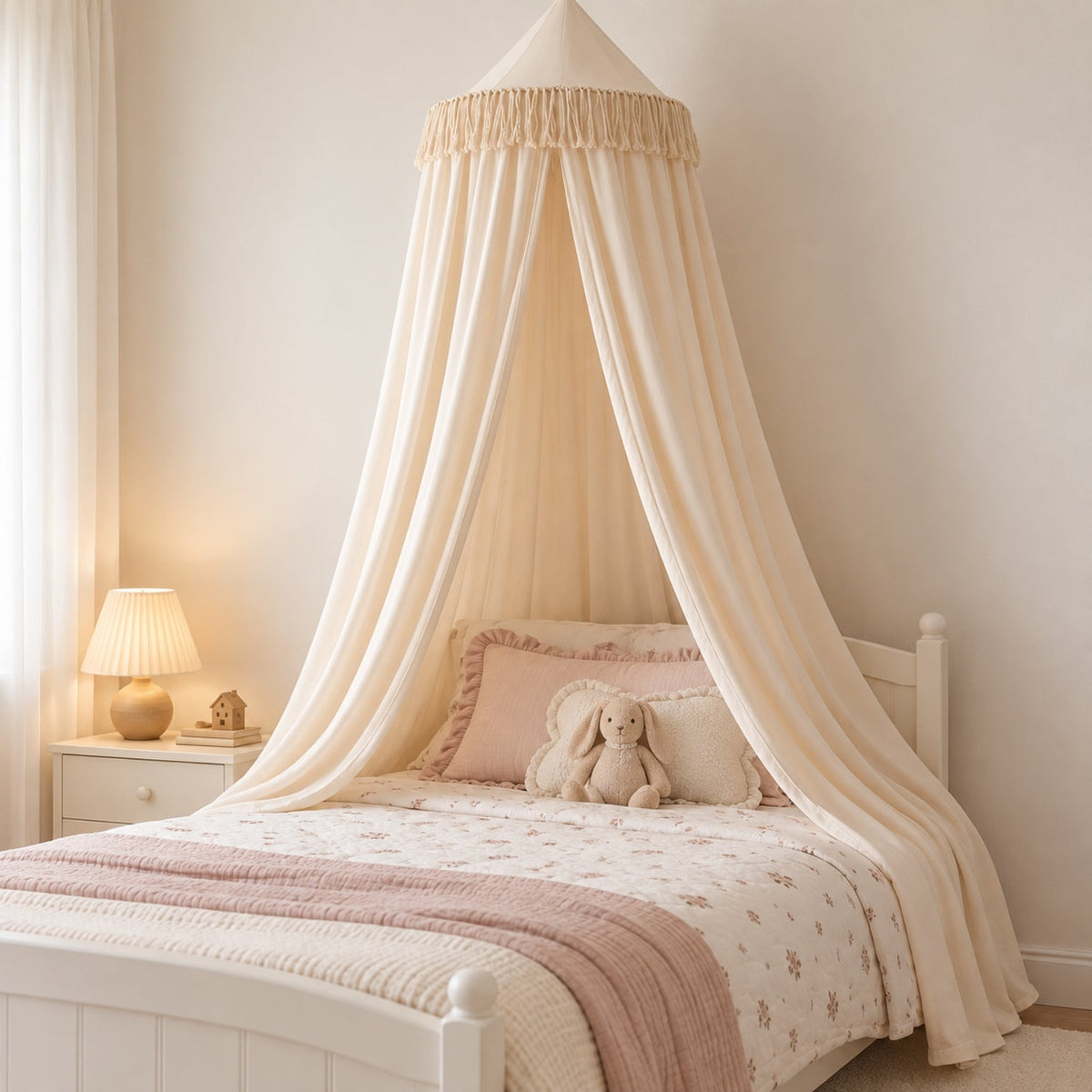 Sheer Kids Bed Canopy with Tie-Back Front, Warm Cream