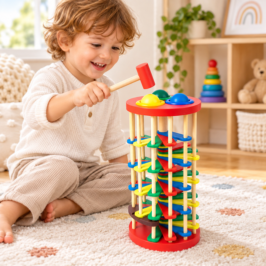 Wooden Tap and Roll Ball Tower with Hammer, Rainbow