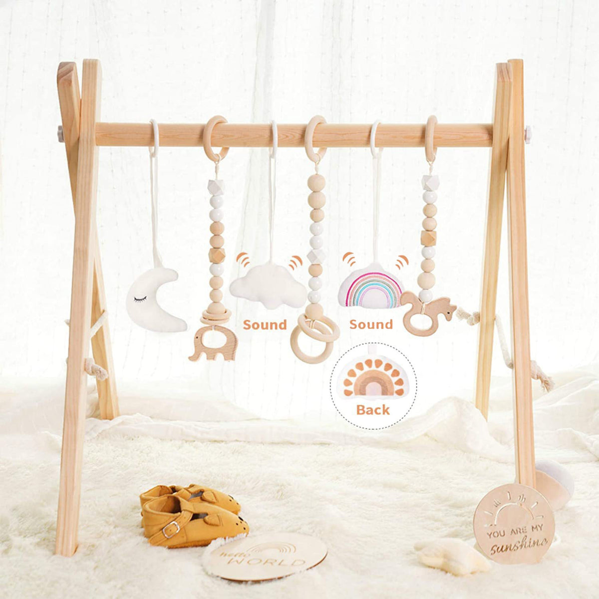 Wooden Baby Play Gym Frame with Six Hanging Toys – Natural Wood