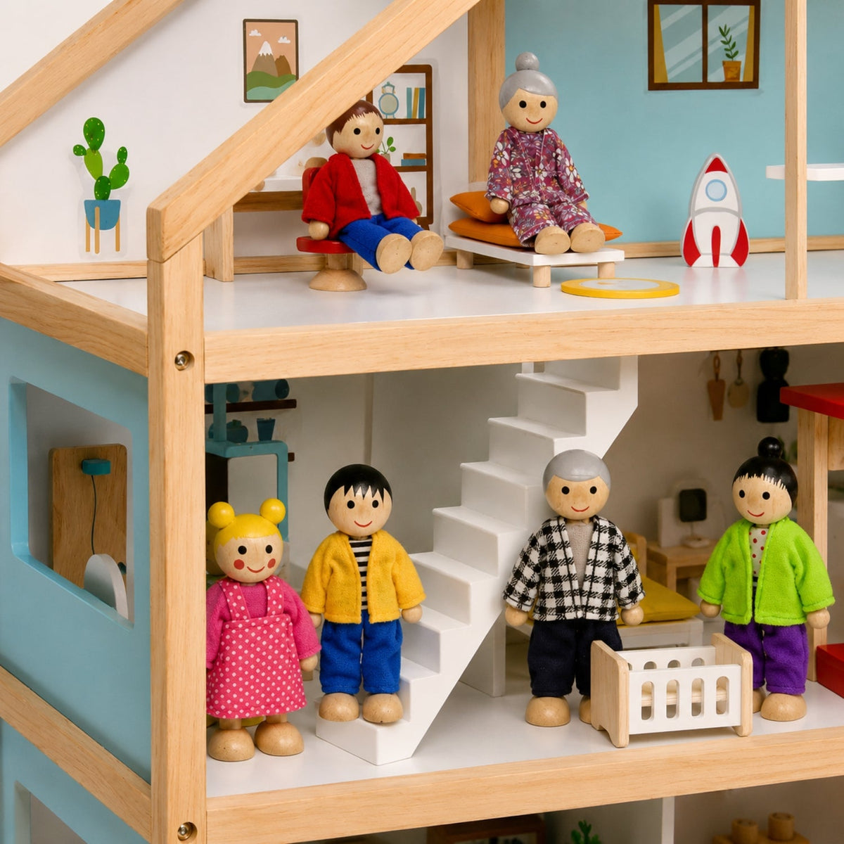 Three-Story Wooden Dollhouse with Dolls and 31-Piece Furniture Set, Pink and Gray