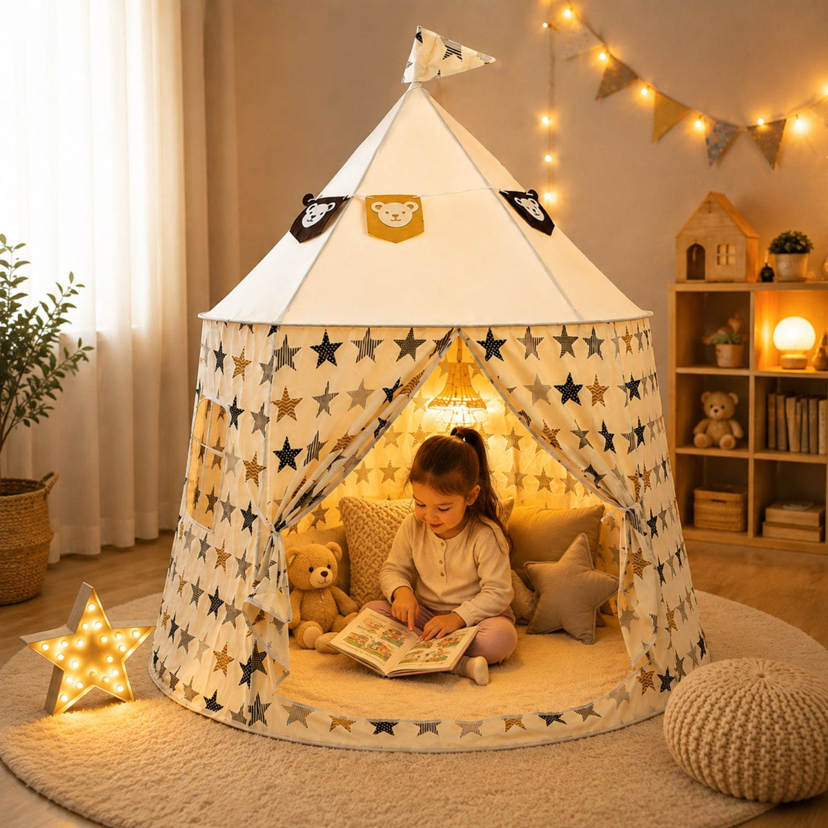 Kids Indoor Play Tent with Star Pattern, White