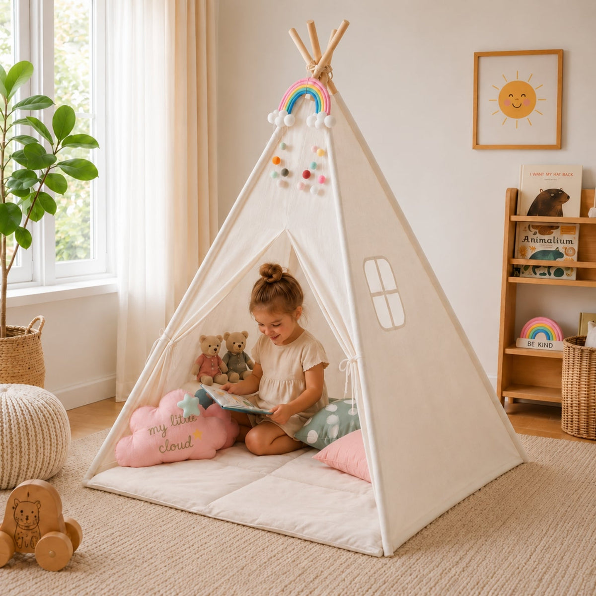 Cotton Canvas Kids Teepee Play Tent with Padded Mat, Cream White