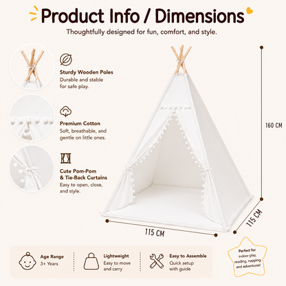 Classic Kids Teepee Play Tent with Wooden Poles and Optional Mat