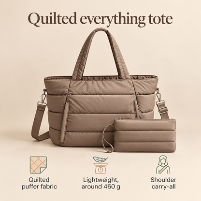 Quilted Cotton Nappy Tote with Pouch, Brown