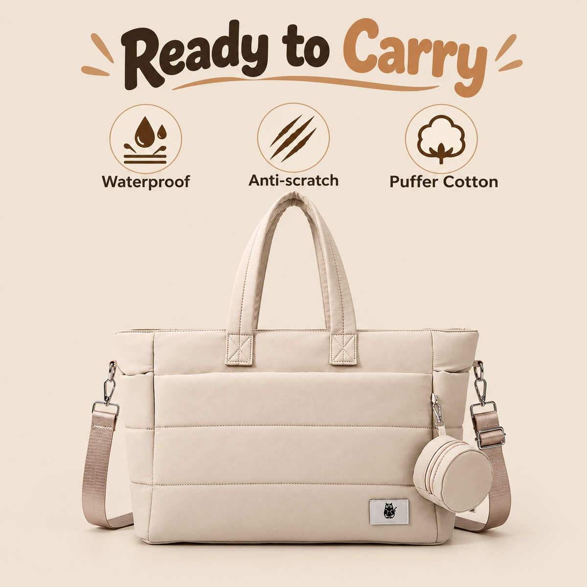 Quilted Cotton Nappy Tote with Pouch, Cream Beige