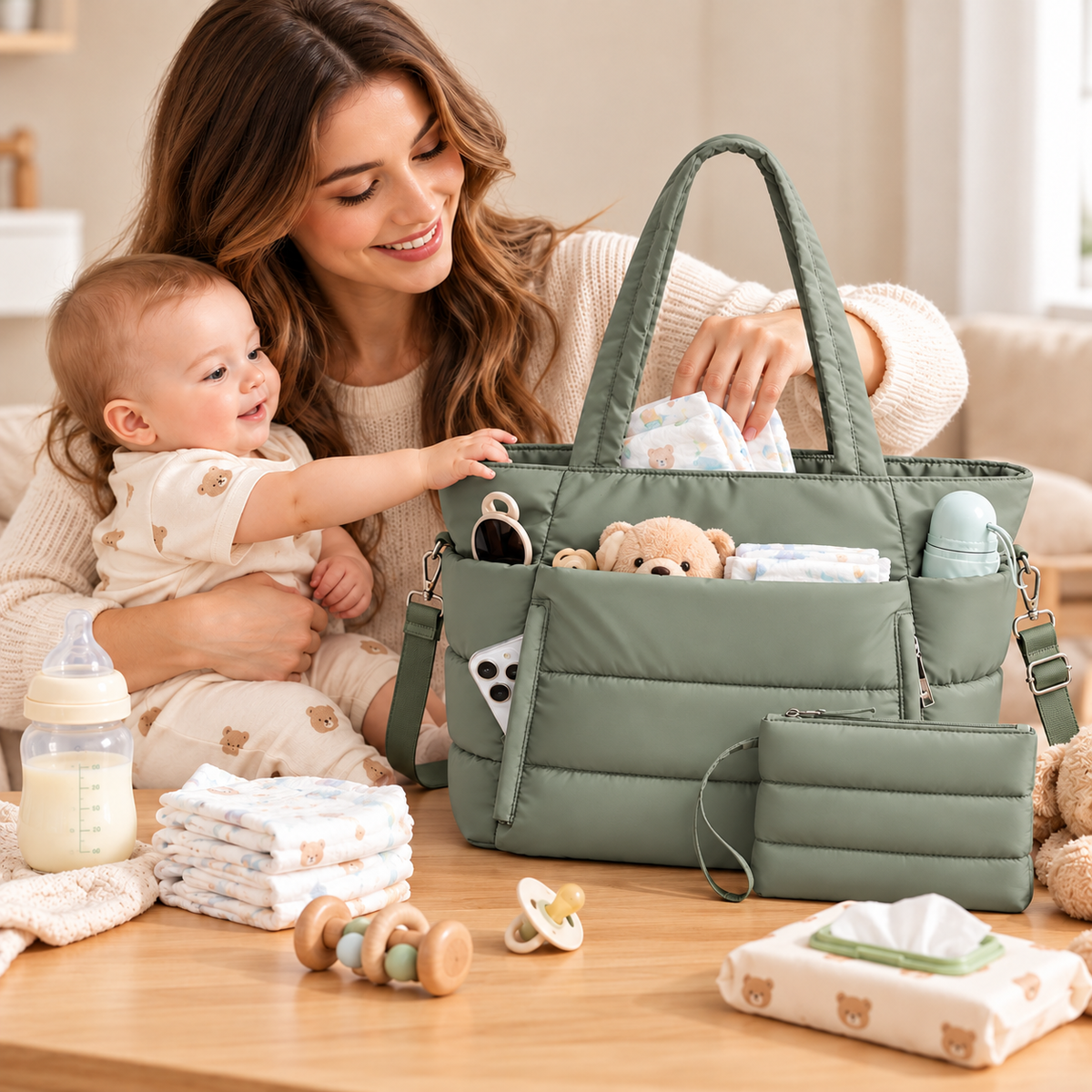 Quilted Cotton Nappy Tote with Pouch, Sage