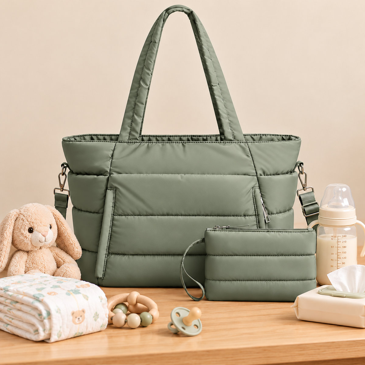 Quilted Cotton Nappy Tote with Pouch, Sage