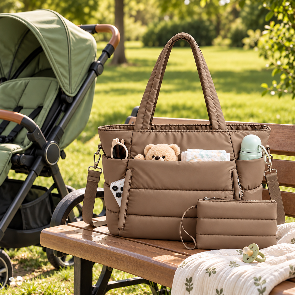 Quilted Cotton Nappy Tote with Pouch, Brown
