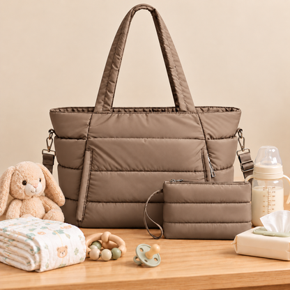 Quilted Cotton Nappy Tote with Pouch, Brown