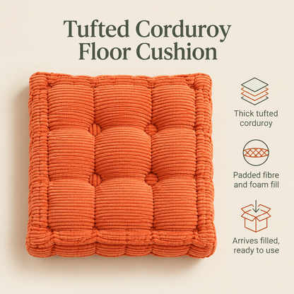 Tufted Corduroy Floor Cushion for Kids, Filled – 60 cm, Orange