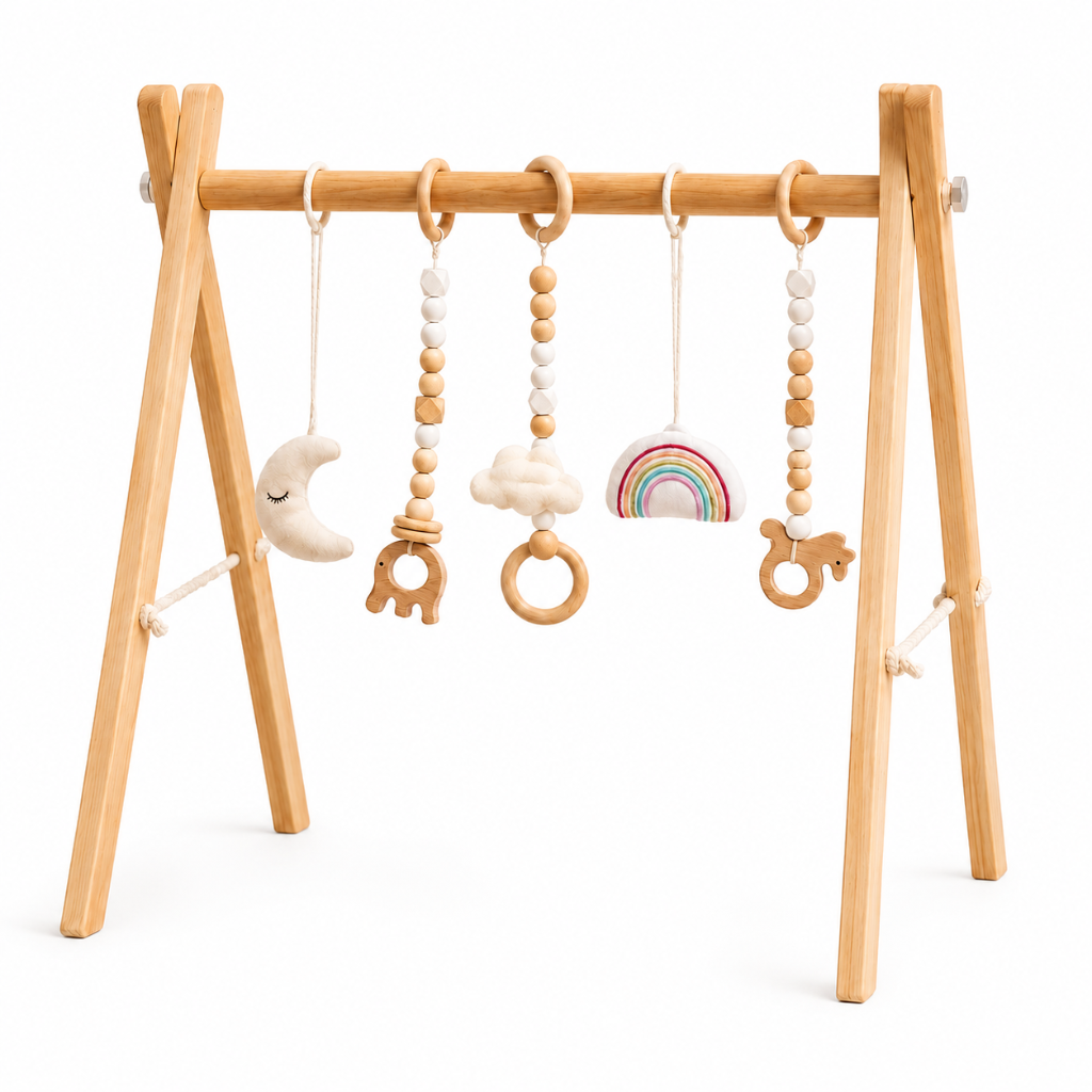 Wooden Baby Play Gym Frame with Six Hanging Toys – Natural Wood