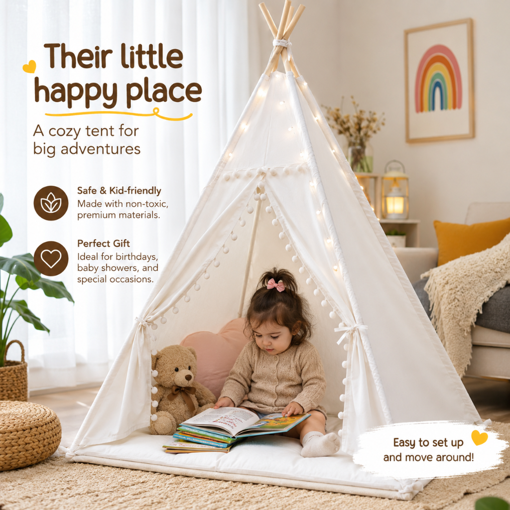 Kids Cotton Canvas Teepee Play Tent with Wooden Poles