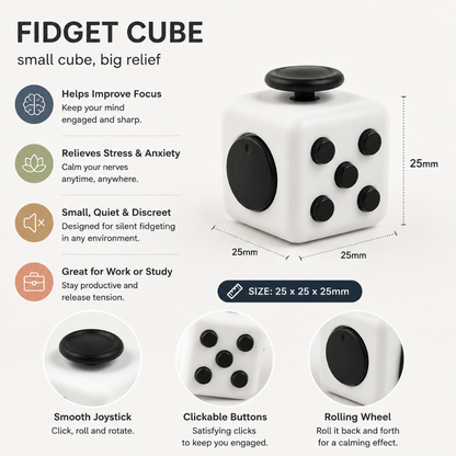 Fidget Activity Cube with Buttons, Switches and Spinning Dial, White