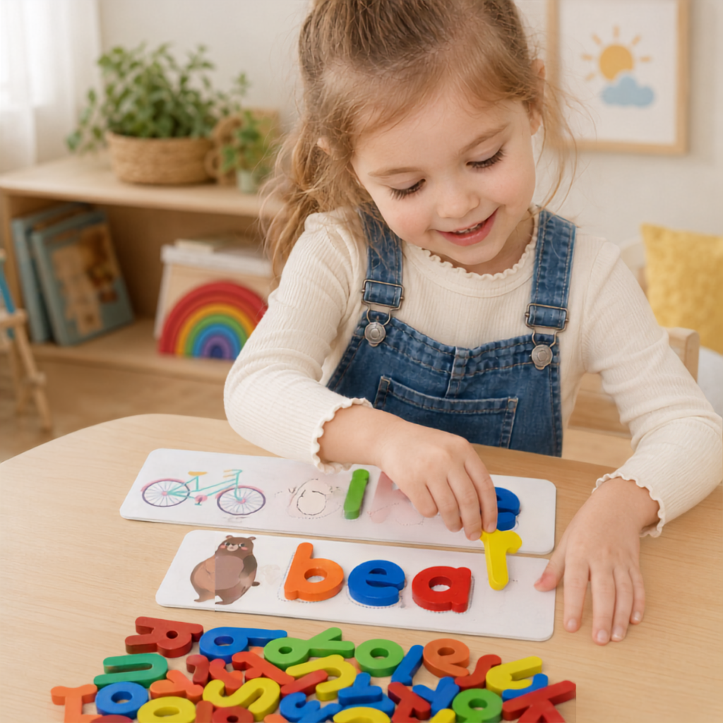 Wooden Letter Matching Spelling Game with 52 Letters and 28 Cards