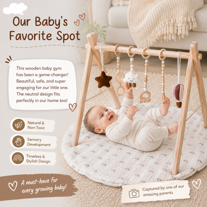 Wooden Baby Play Gym with Rainbow Activity Mat and Hanging Toys