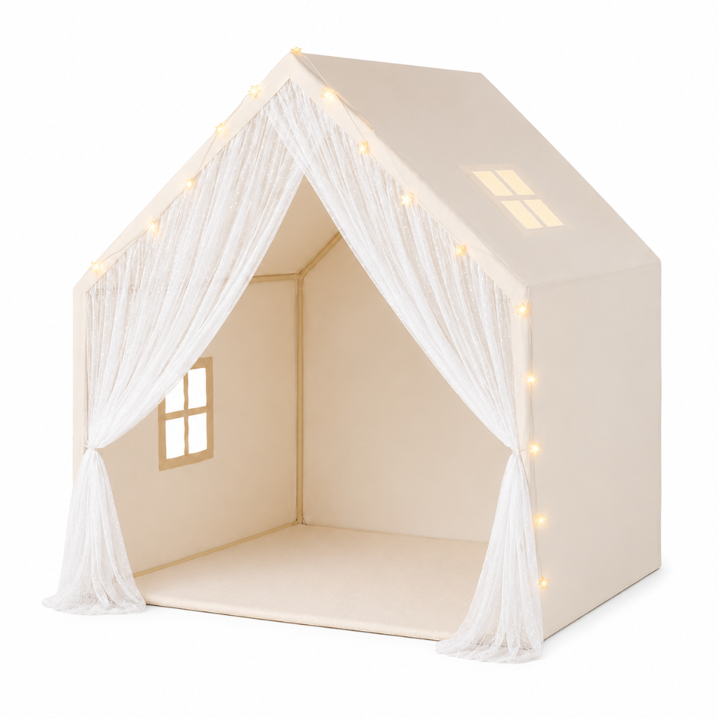 Lace Kids Play Tent with Warm String Lights, Beige