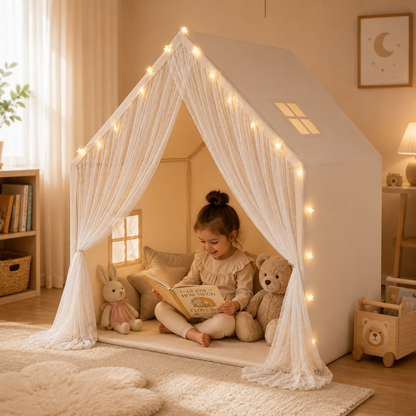 Lace Kids Play Tent with Warm String Lights, Beige