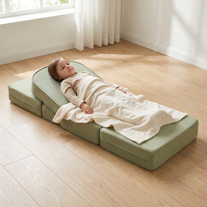 Kids Foam Chair That Folds Out into a Lounger, with Side Pockets – Sage