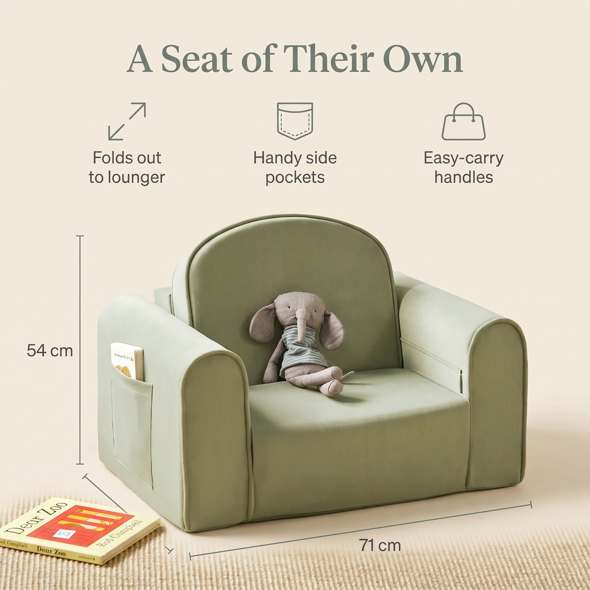 Kids Foam Chair That Folds Out into a Lounger, with Side Pockets – Sage